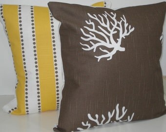 TWO New 18x18 inch Designer Handmade Pillow Cases in yellow and taupe.