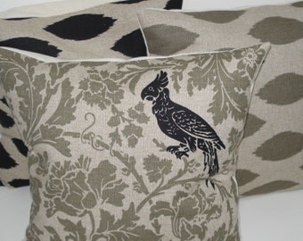 THREE New 18x18 inch Designer Handmade Pillow Cases in green grey floral and black ikat and bird
