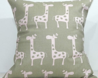 New 18x18 inch Designer Handmade Pillow Cases in pink on taupe giraffe