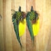 YELLOW SUBMARINE bright yellow and iridescent green peacock sword earrings
