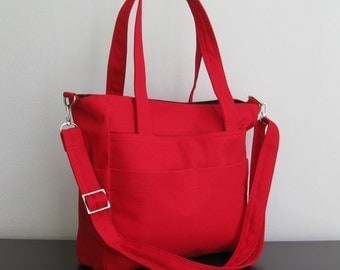 Sale - Red Cotton Canvas Bag, shoulder bag, tote, messenger, diaper, everyday bag - TRACY