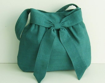 Sale - Teal Hemp/Cotton Bag, tote, purse, messenger, shoulder bag, handbag, work, everyday bag, bow, hemp - AMY