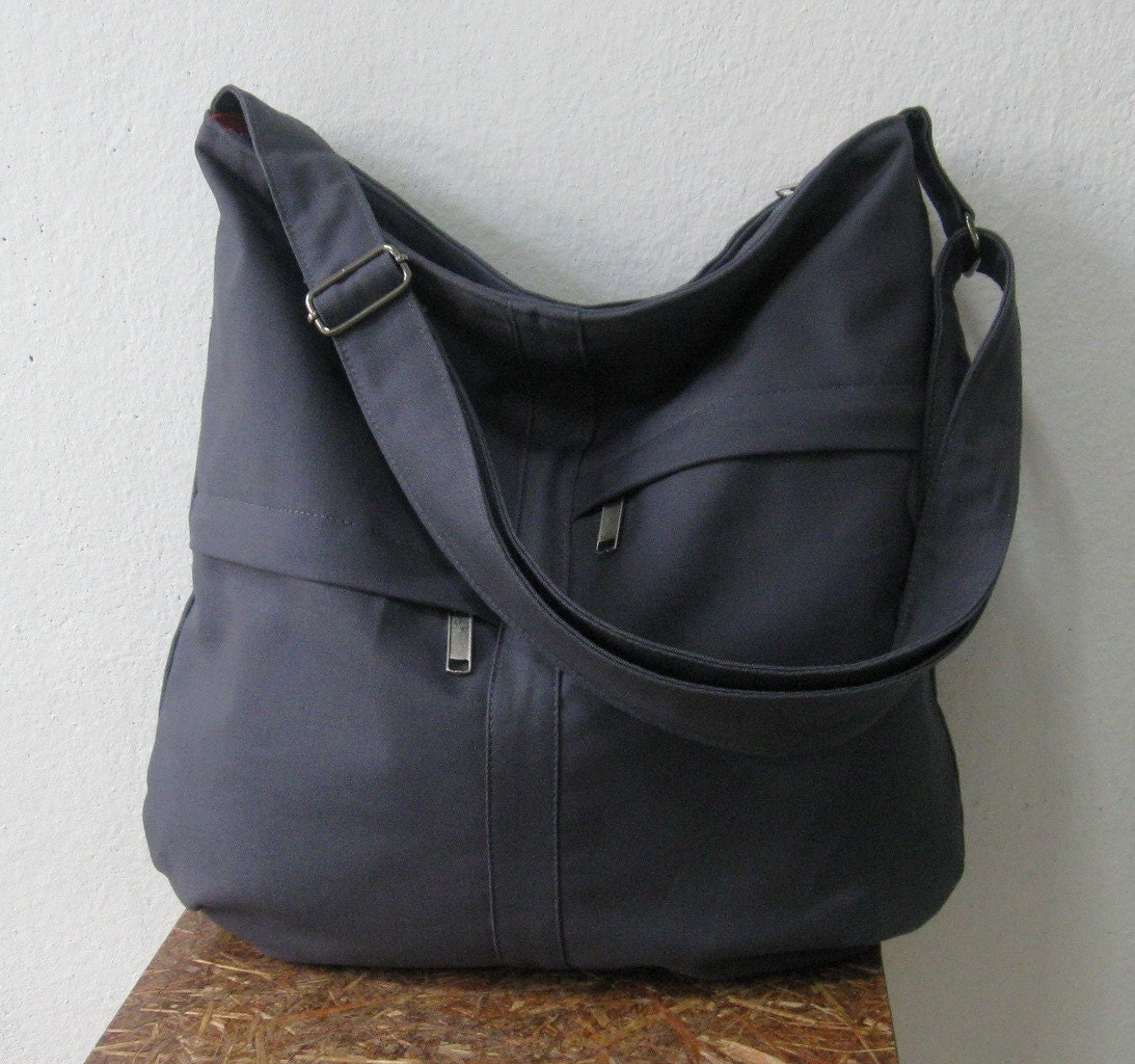 Sale Zipper Closure Grey Cotton Twill Bag 2 Front Pockets