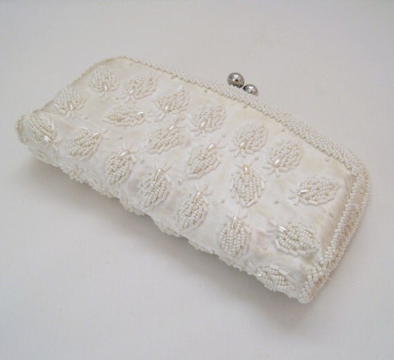 White Satin Beaded Evening Clutch Bag Purse by voguevintage