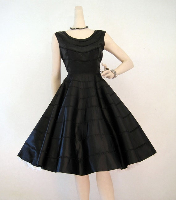 50s Dress Vintage Black Satin Circle Skirt Cocktail Party