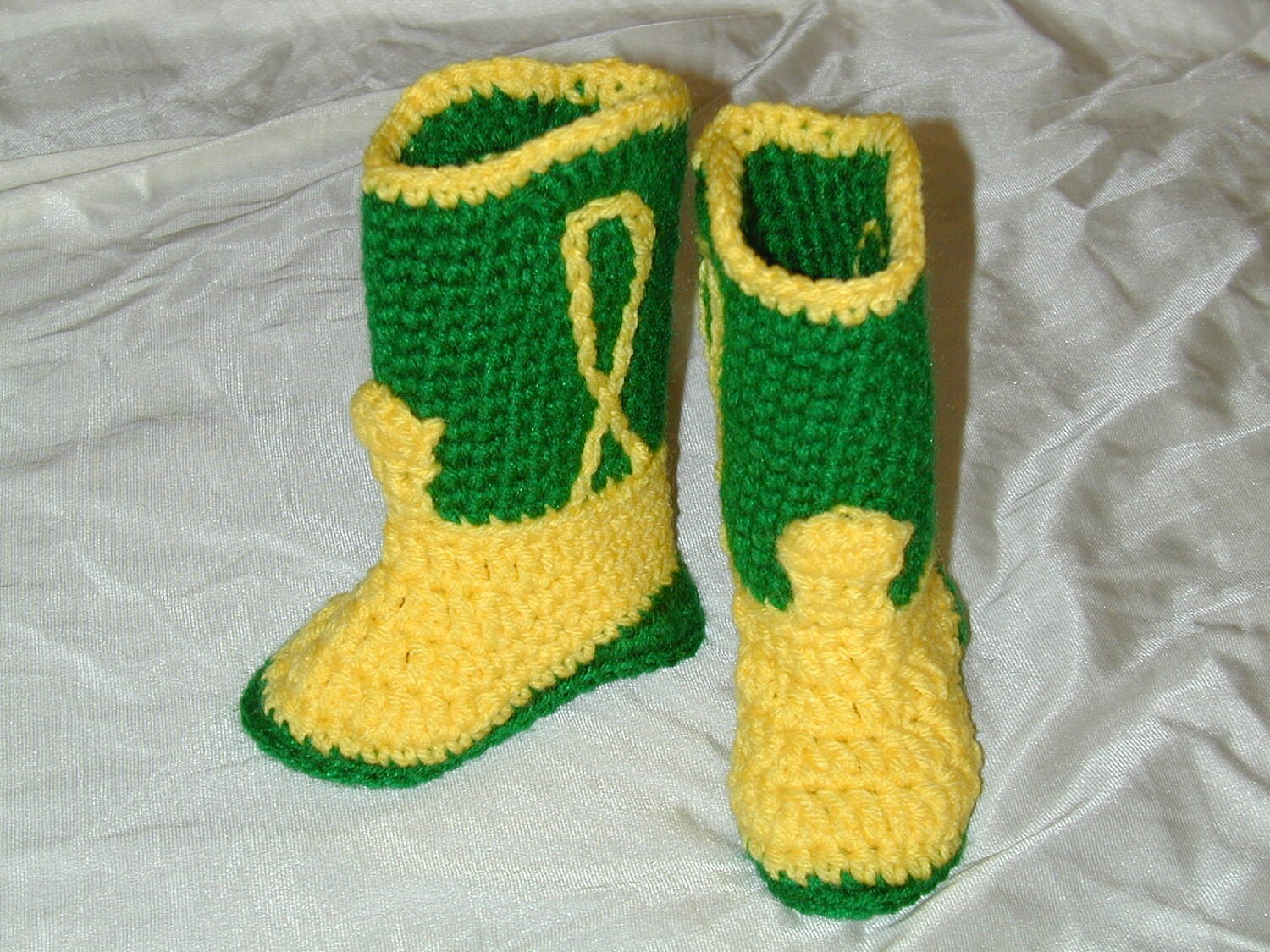 Crocheted Cowboy/Cowgirl Boot Booties Green/Yellow Size 1 Baby