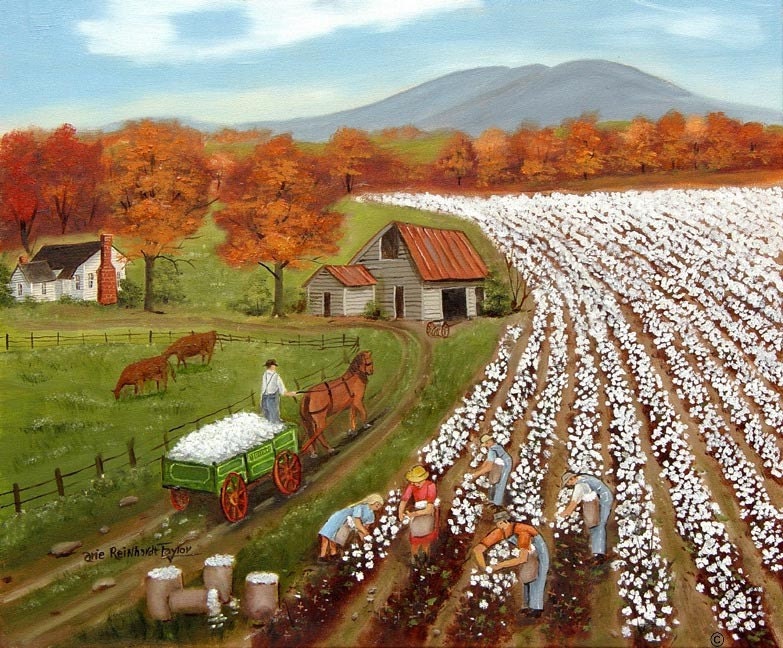 Cotton Field 8 x 10 Folk Art Print Farm House Country