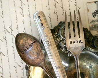 Vintage Silverware Garden Marker - Basil, Sage, Oregano - Fork, Knife, Spoon Set (E0268)