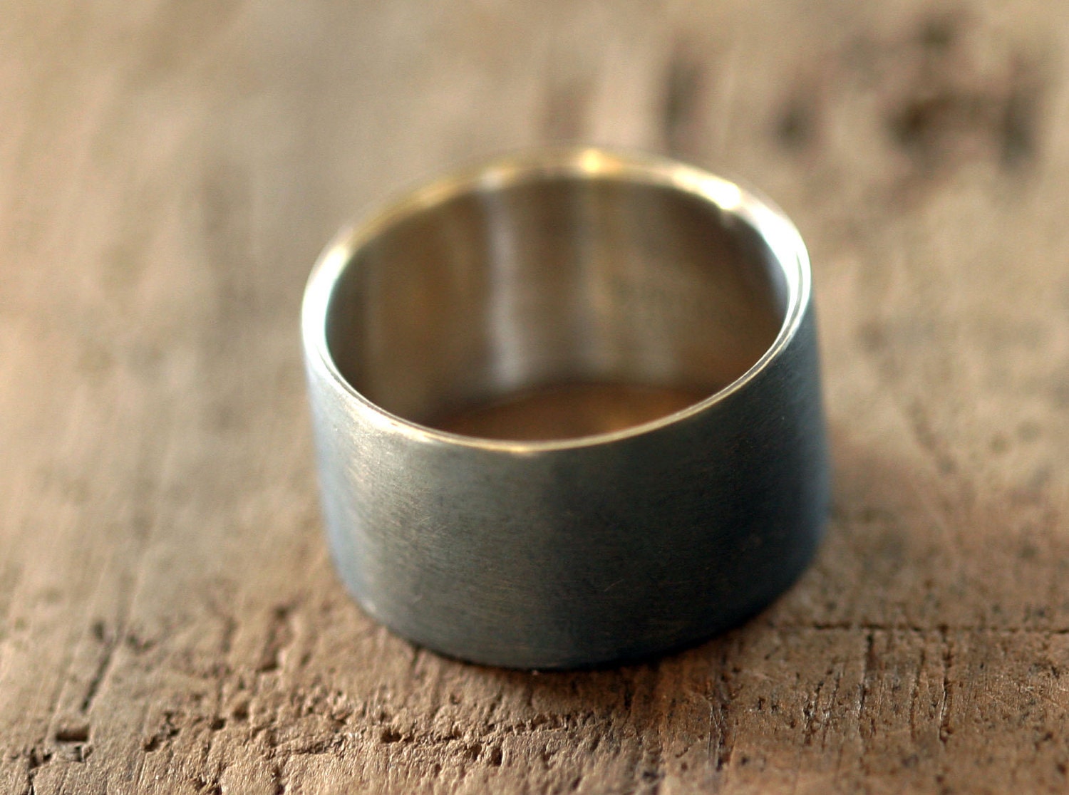Mens sterling silver wedding ring large dark band E0215