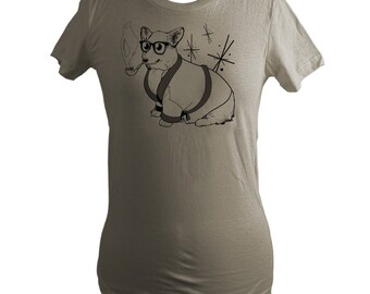 Cinder Grey, Welsh Corgi, Bob Corgman, Womens Organic Screen Printed T-Shirt, Mid Century Style, Retro - Gifts for Her