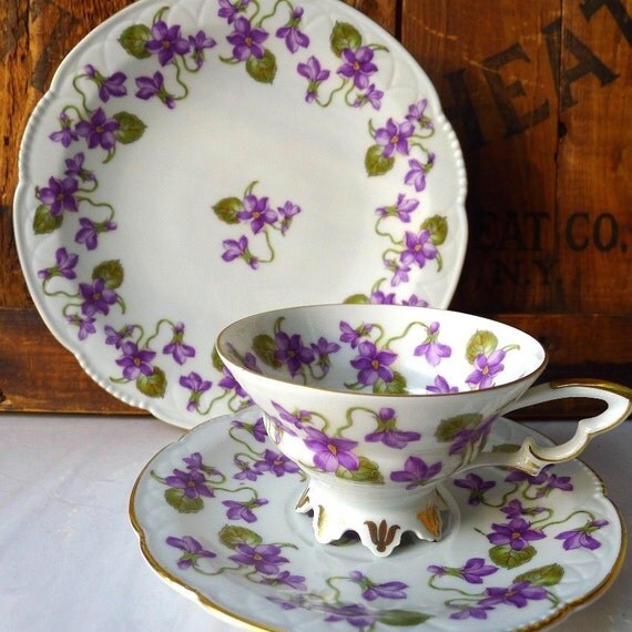 Vintage Violets Teacup Saucer Dessert Plate Bavarian China 8