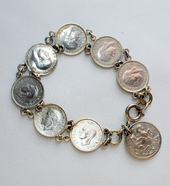 Vintage Coin Bracelet Sterling Silver English Antique Three