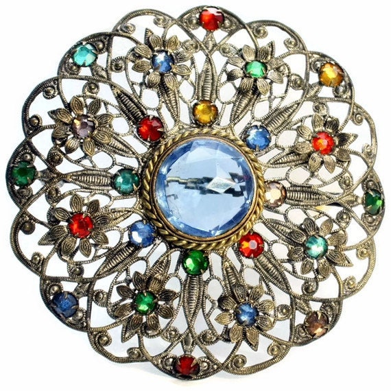 Art Deco Czech Filigree Brooch Pin Multicolor by mybooms on Etsy