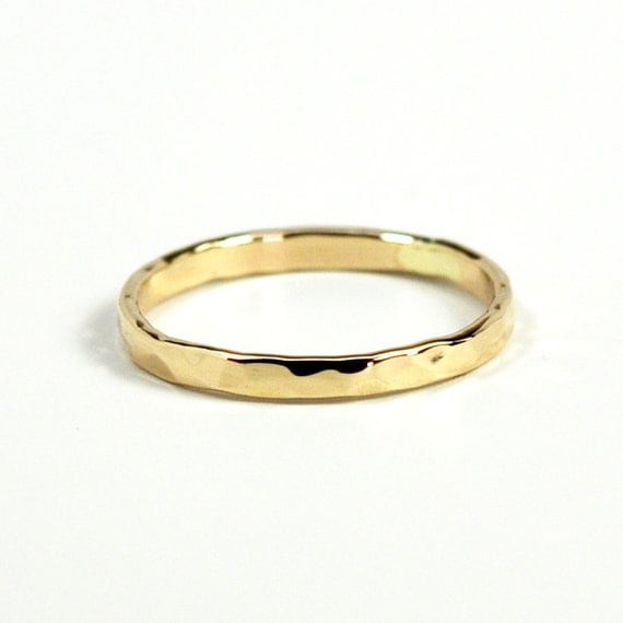 14K Yellow Gold Ring Hammered Texture 2mm Band by seababejewelry