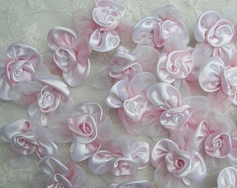 12pc Pink Satin Organza Fabric Flower Applique Baby Doll ribbon rose dog hair bow accessory