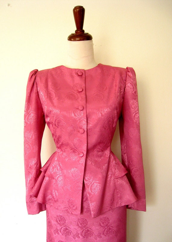 Vintage Skirt Suit // ROSE PINK Jacquard Floral by LolaVintage