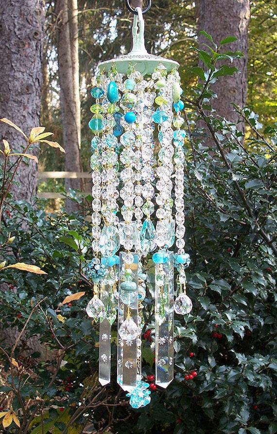 Jeweled Mint Spa Antique Crystal Wind Chime by sheriscrystals