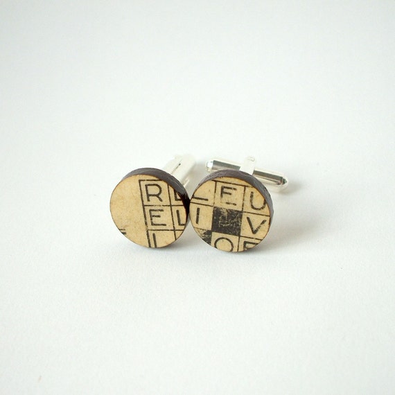 Crossword cufflinks made with antique French newspaper
