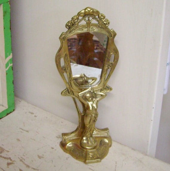 Antique Art Deco mirror tabletop with lady brass by trendybindi