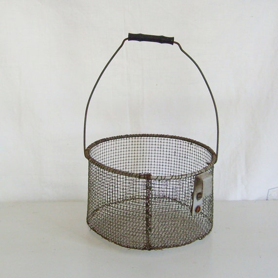 Antique wire farm basket egg carrier with hook
