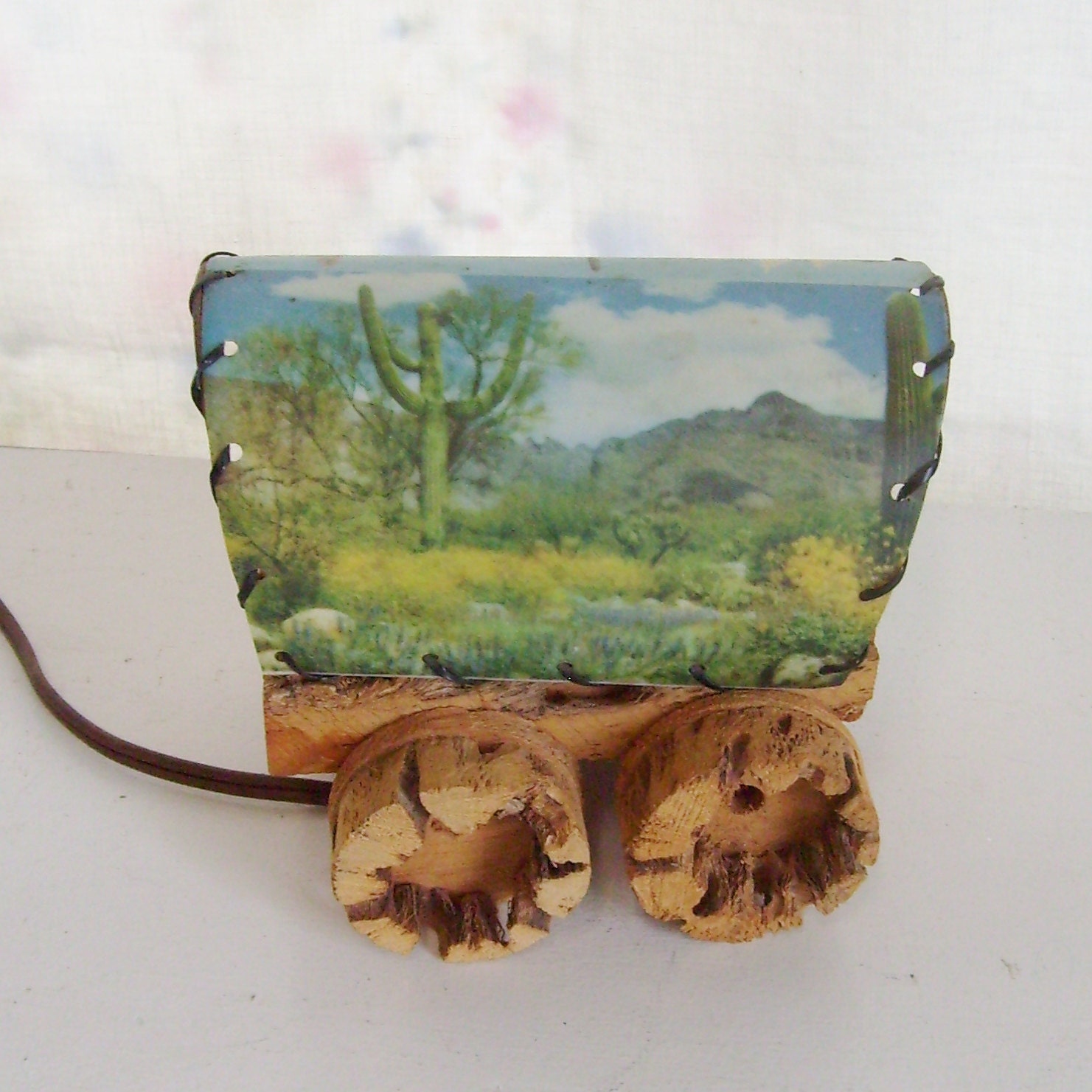 Vintage covered wagon lamp made of cactus wood and fiberglass