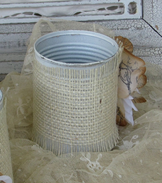 Rustic Wedding Chic Flower Vase Tin Can Wrapped in Burlap Set