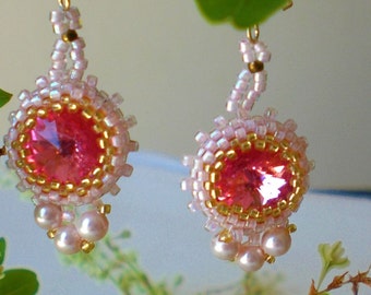 Rivoli Beadwoven Pink Dangle Earrings Unique Beaded Beadwork Beadweaving Jewelry