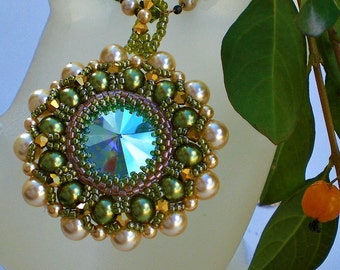 Rivoli Beadwoven Necklace Pendant Unique Beaded Beadwork Beadweaving Jewelry Kriszta