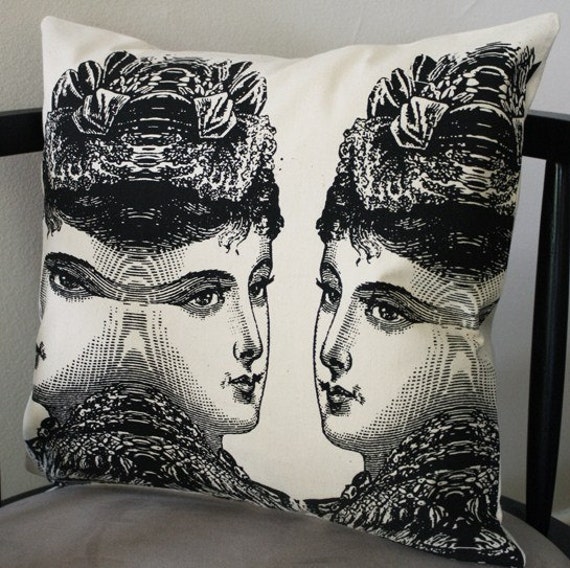 victorian lady pillow cover cream and black by commondecency