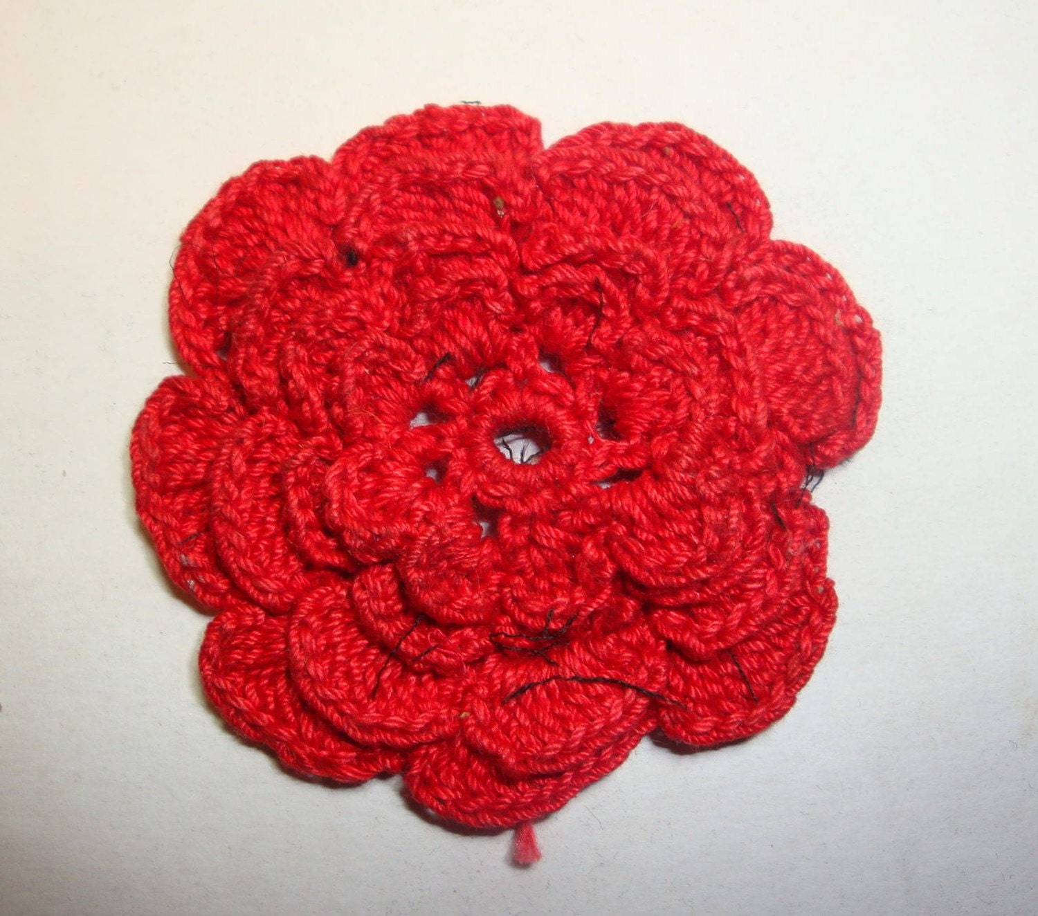 Vintage Red Crochet Flower Rosette Applique Sewing Crafting