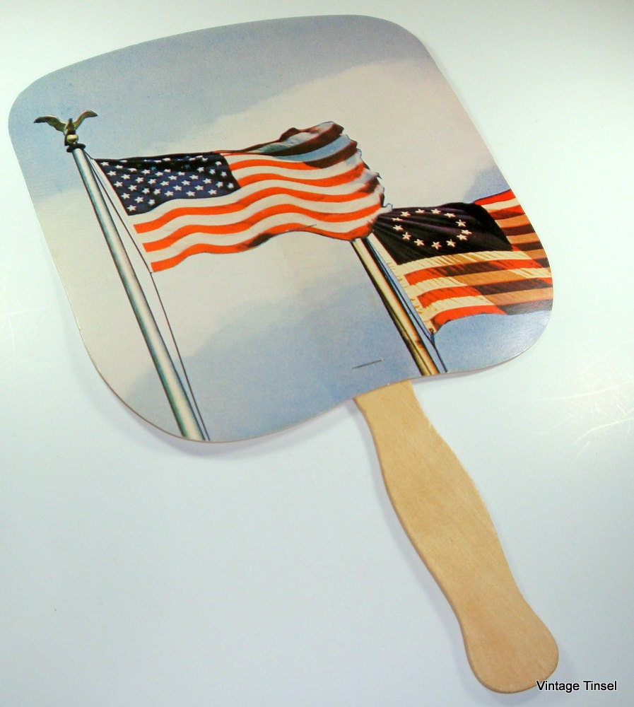Vintage Hand Held Fan Americana Wood Handle American Flag