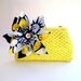 20% COUPON SALE, vintage, yellow, chain handle, clutch, purse, wedding, bridal purse, altered couture, fabric flower, black and white,