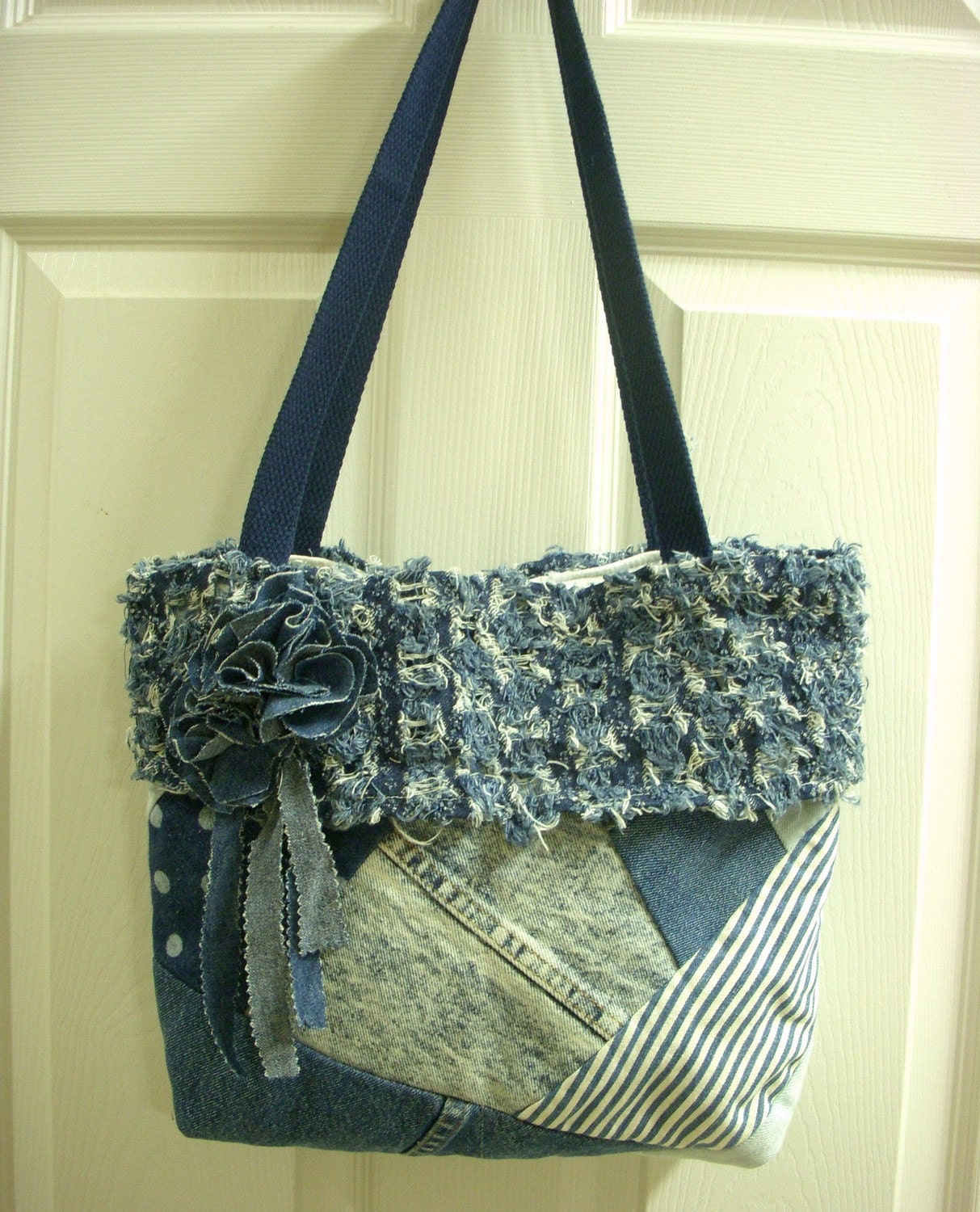 Recycled Blue Jean Denim Crazy Quilt Purse with Fabric Flower