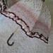 Victorian style vintage 50s white and burgundy nylon parasol with tiny flowers design ad ruffles. Made in Italy by Erre.
