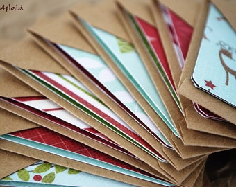 Blank Mini Holiday Card Set of 10, Asst Patterns with Contrasting Patterns on the Inside, Natural Kraft Envelopes, mad4plaid