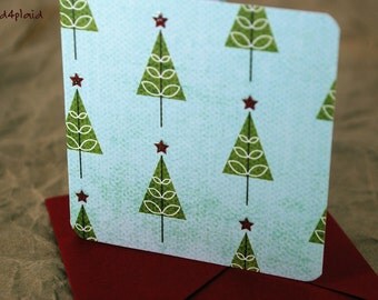 Blank Mini Holiday Card Set of 10, Christmas Tree Graphic with Contrasting Pattern on the Inside, Bright Red Envelopes, mad4plaid