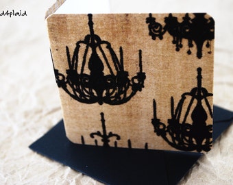 Blank Mini Card Set of 10, Flocked Chandelier on Kraft with Contrasting Pattern on the Inside, Black Envelopes, mad4plaid