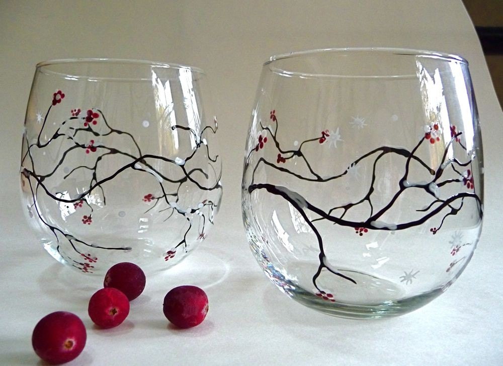 Winter's berry. Hand Painted Stemless Wine Glasses set of