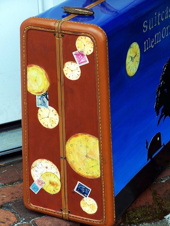 Hand Painted Vintage Suitcase for Stacking or Storage Blue