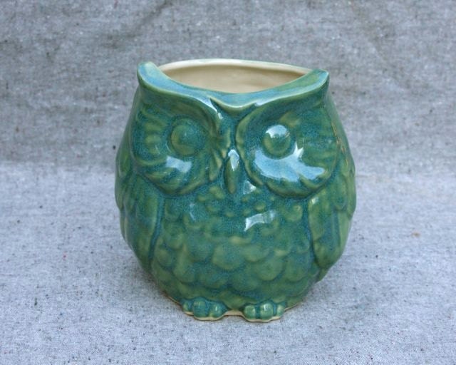 Owl Vase in Stoneware with Green Glaze
