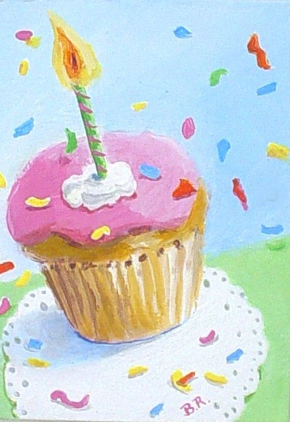 Whimsical Birthday Cupcake Mini Aceo Painting By Rodriguez