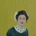 Sale - The big white bow - Original Little Portrait Painting by Elizabeth Bauman, 4 x 4 inches
