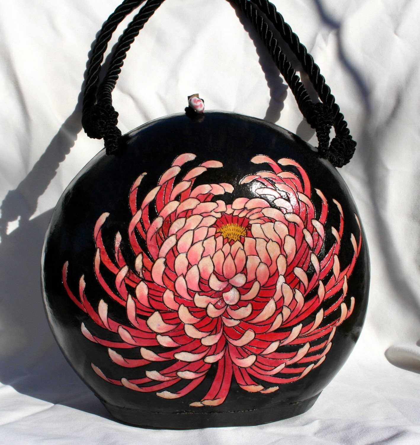 Stunning Chrysanthemum Peony and Crane Gourd Purse Pyrographed