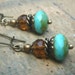 Dainty Rustics - Turquoise and Topaz Czech Glass, Antique Brass Earrings