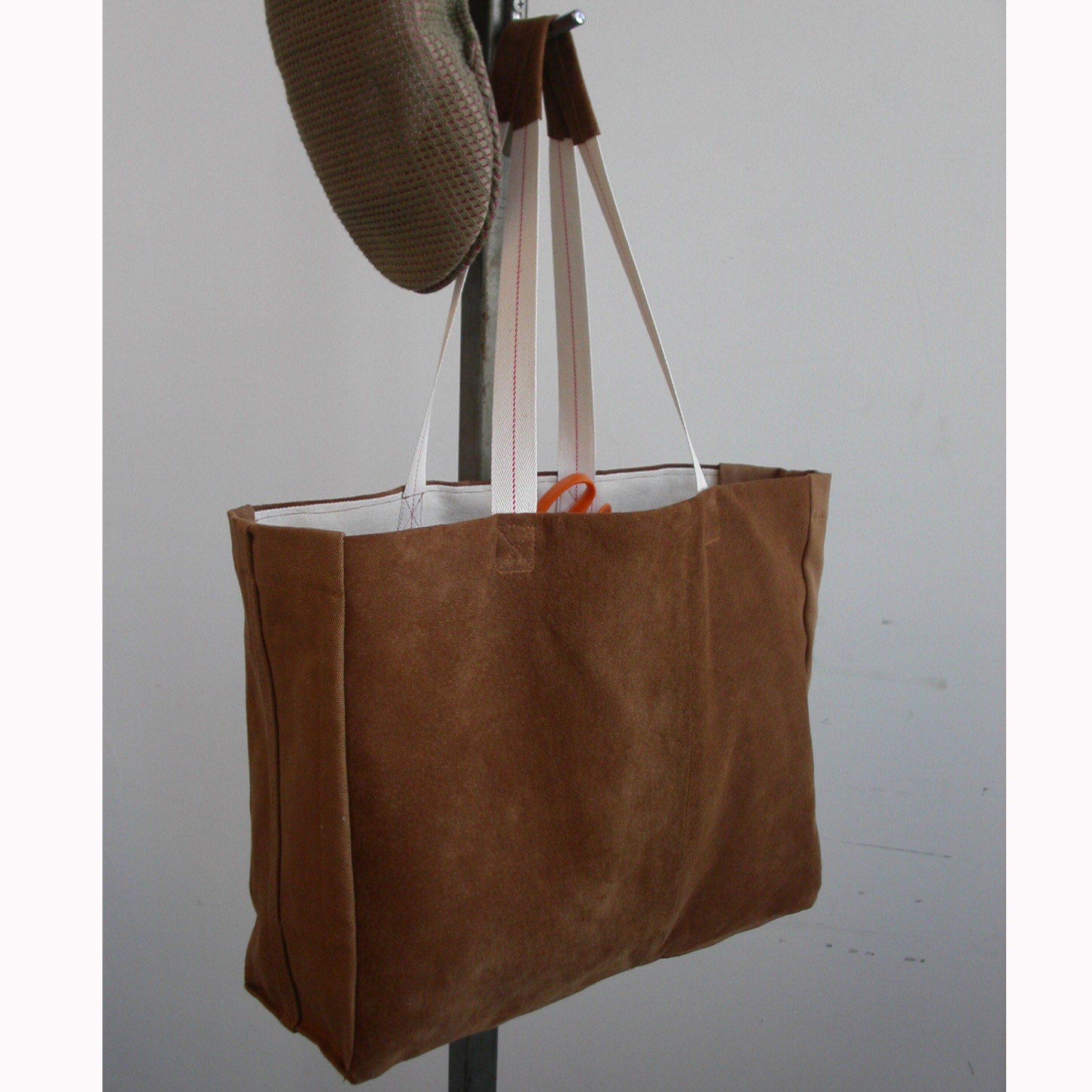 Custom leather and canvas tote bag in recycled fabric burnt