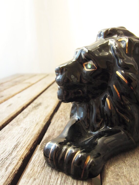 Vintage Lion Figurine Black Ceramic Cat