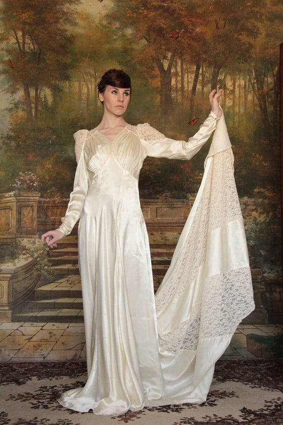 RESERVED . 1930s Wedding Dress . Vintage Gown . Satin . Lace