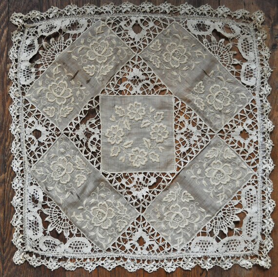 Antique Lace Silk Bobbin Lace Embroidered Pillow Cover As Is