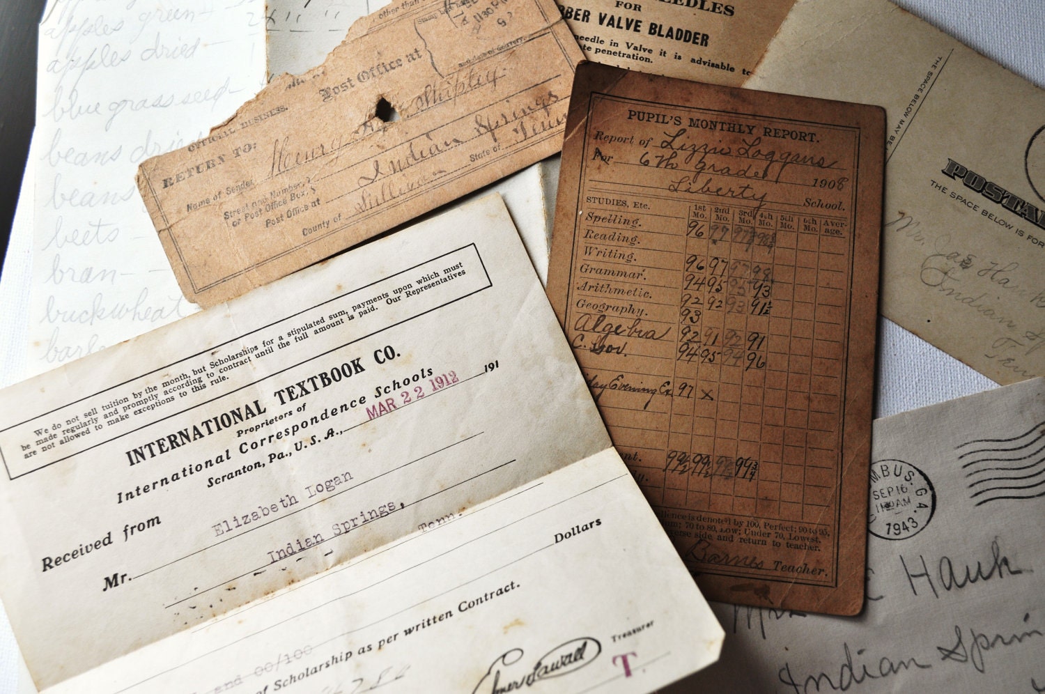1900s Ephemera Lot Report Card Letter Receipts Postcard Lists