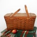 vintage 50s Large Wooden Picnic Basket with Flatware, Plastic Cups and Plates